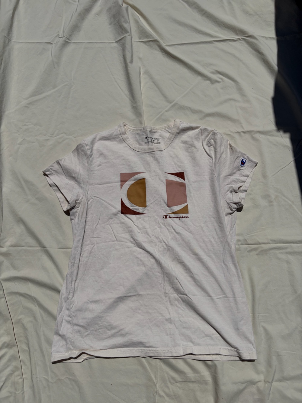 Champion White Short-Sleeve Tee with Pink and Tan Geometric Print